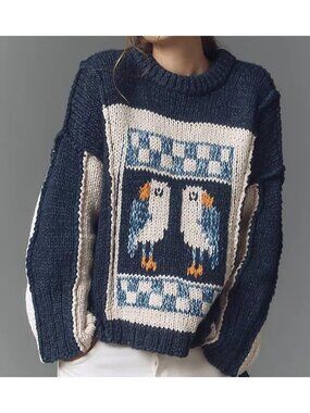 Anthropologie Chunky Crew-Neck Sweater Vintage Nautical Seaside Coastal Womens L
